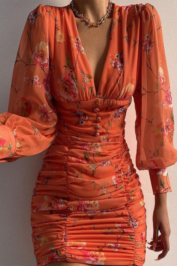 Sexy Elegant Print Patchwork V Neck Pleated Dresses