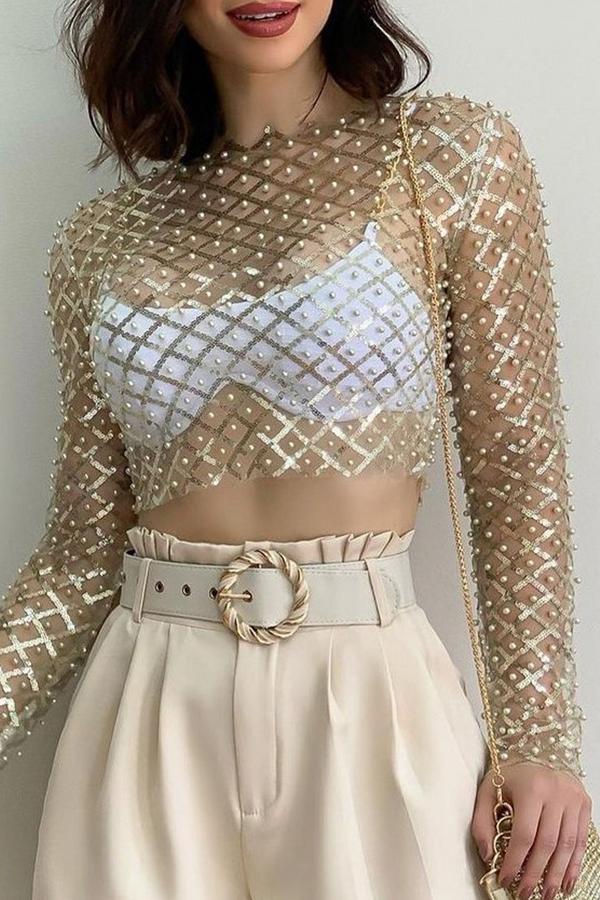 Sexy Solid Sequins See-through Beading O Neck Tops