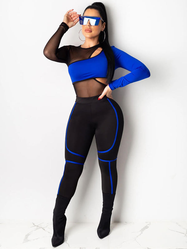 2 Piece Crop Tops+Hollow Mesh Bodycon Jumpsuits Suits Tiynon