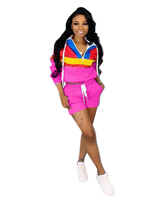 2 Piece Outfits Color Block Windbreaker+Shorts Sets Tiynon
