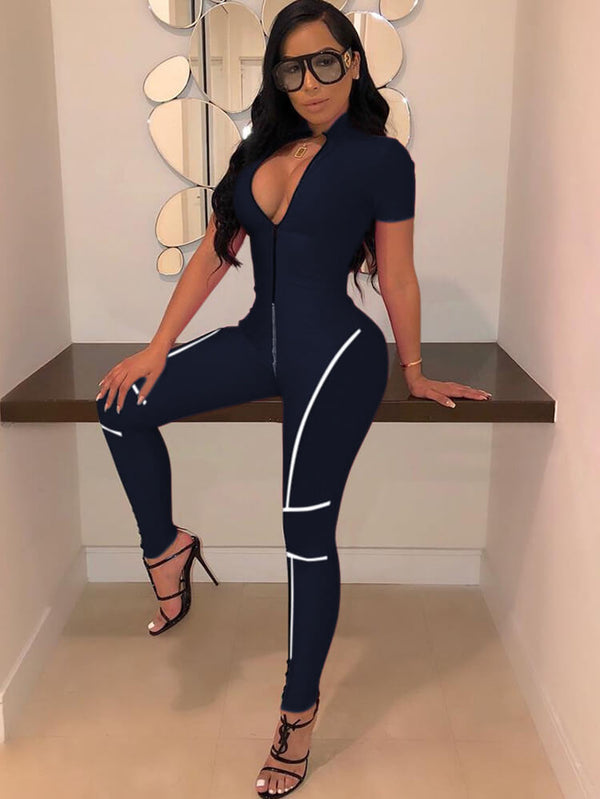 Bodycon Stitching Short Sleeve Jumpsuit With Zipper Tiynon