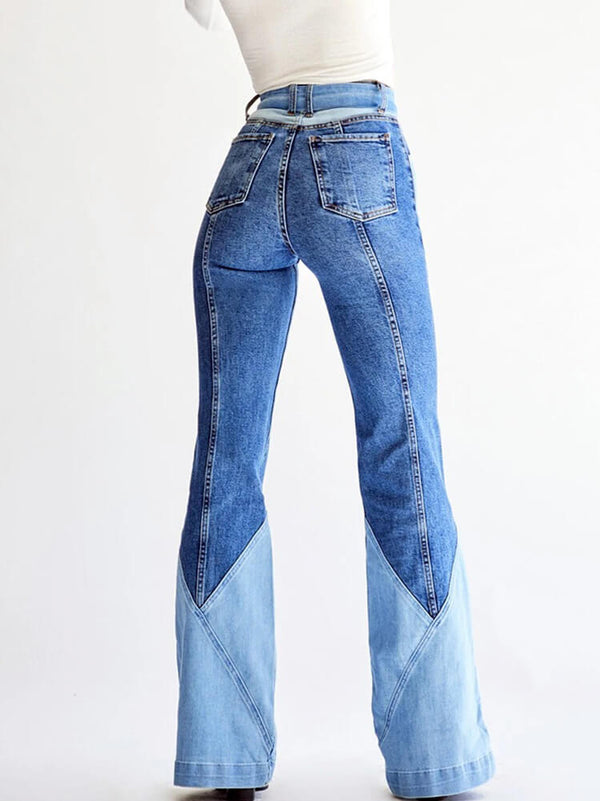 Denim Color Block Flare Jeans With Belt Tiynon