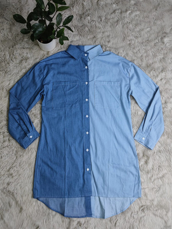 Denim Long Sleeve Color Block Patchwork Shirt Dresses Tiynon