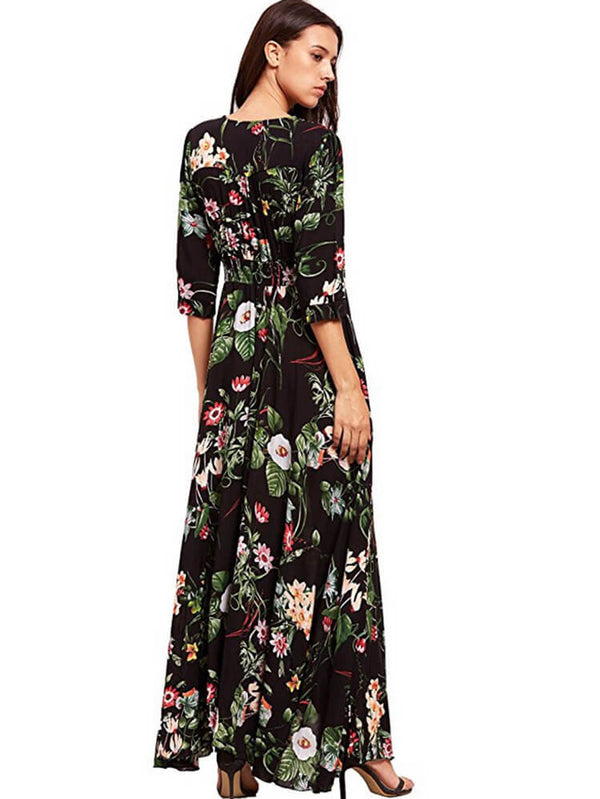 Floral Boho V-Neck Split Maxi Dresses Tiynon