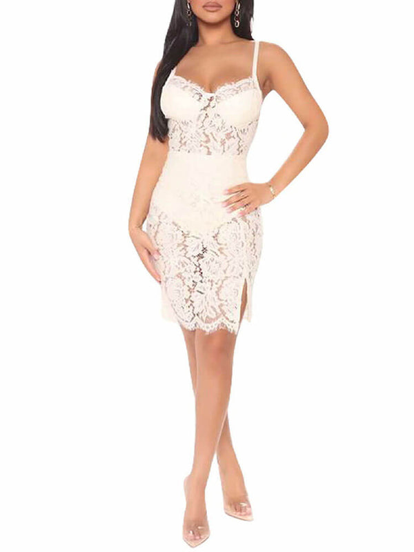 Floral Lace Mesh Hollow Out Bodycon Dress Tiynon