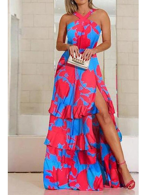Halter-Neck High Slit Colorblock Print Maxi Dress Tiynon