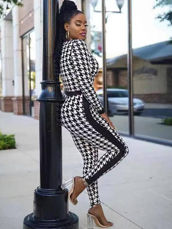 Houndstooth Long Sleeve Patchwork Bodycon Jumpsuit Tiynon