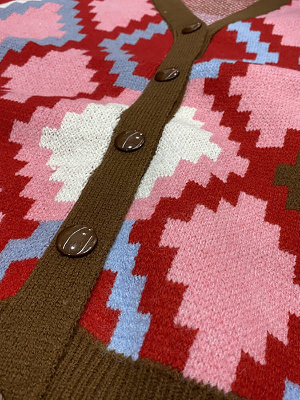 Knit Long Sleeve Color Block Plaid Printed Jackets Tiynon