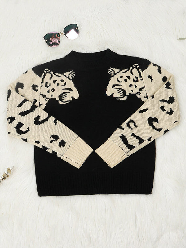 Leopard Print Patchwork Long Sleeve Knit Cropped Sweaters Tiynon