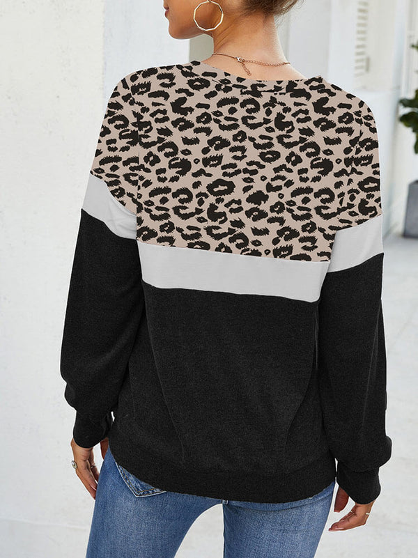 Long Sleeve Color Block Leopard Casual Pullover Tops Tiynon