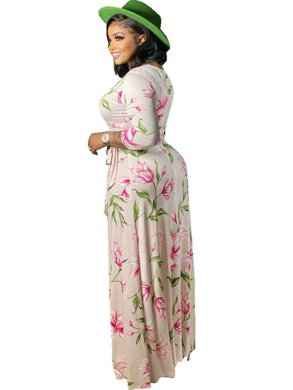 Long Sleeve Floral Print V Neck Maxi Dresses Tiynon