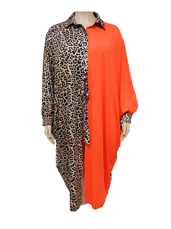 Long Sleeve Leopard Patchwork Midi Dresses Tiynon