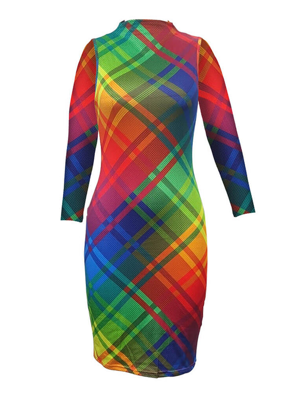 Long Sleeve Tie Dye Grid Print Midi Dress Tiynon