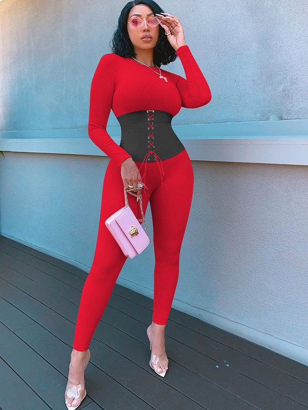 Long Sleeves Color Block Tie Up Jumpsuits Tiynon