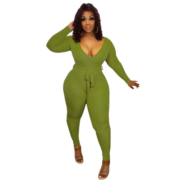 Long Sleeves Ribbed Belted Bodycon Jumpsuits Tiynon