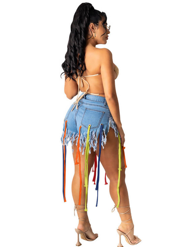 Multicolor Ribbons Ripped Fringed Denim Shorts Jeans Tiynon