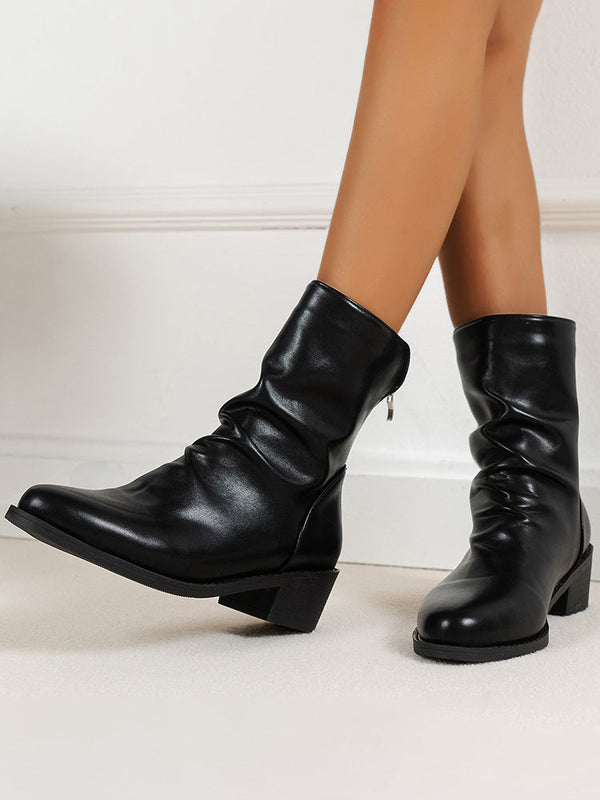 PU Leather Solid Color Ruched Anklet Boots Tiynon