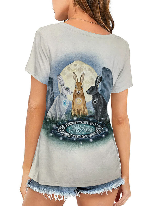 Plus Size Easter Short Sleeve Bunny Print T-shirt Tiynon