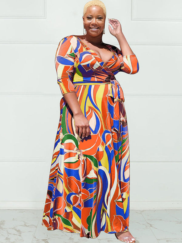 Plus Size Floral Print Belted Maxi Dresses Tiynon