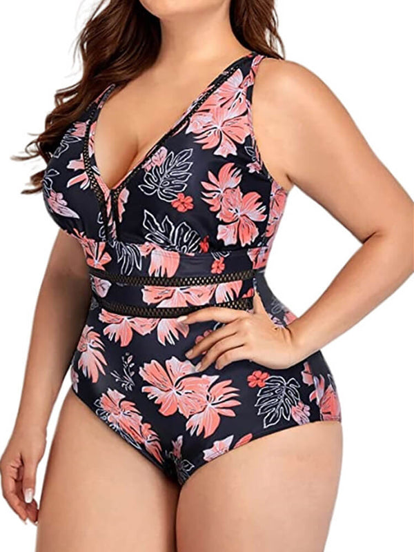 Plus Size One Piece Floral Hollow Out Swimsuit Tiynon