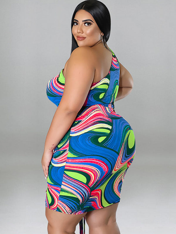 Plus Size One Shoulder Printed Ruched Mini Dresses Tiynon
