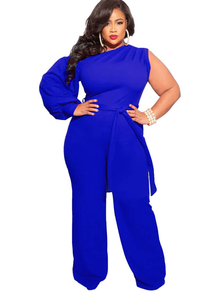 Plus Size Puff Sleeve Belted Wide Leg Pant Jumpsuits Tiynon
