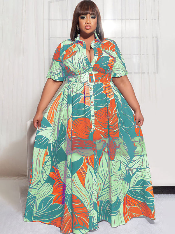 Plus Size Short Sleeves Leaf Print Maxi Dresses Tiynon