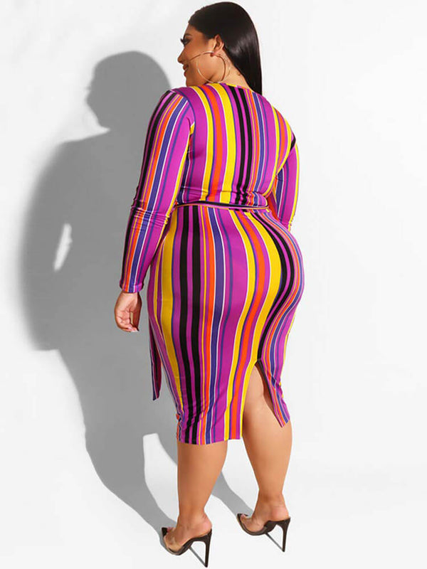 Plus Size Stripe Bodycon Midi Dresses Tiynon