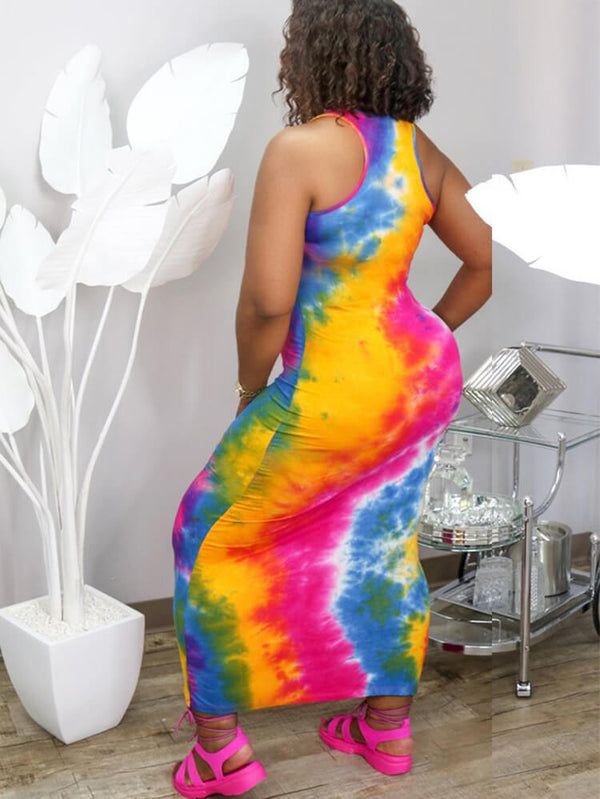 Plus Size Tie Dye Print Bodycon Maxi Dresses Tiynon