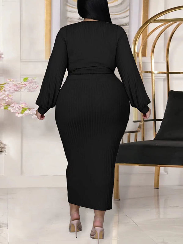 Plus Size Two Piece Ribbed Skirt Suits Tiynon
