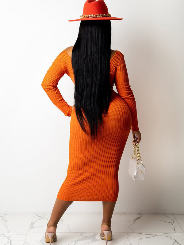 Ribbed Knit Solid Color Long Sleeve Bodycon Dresses Tiynon
