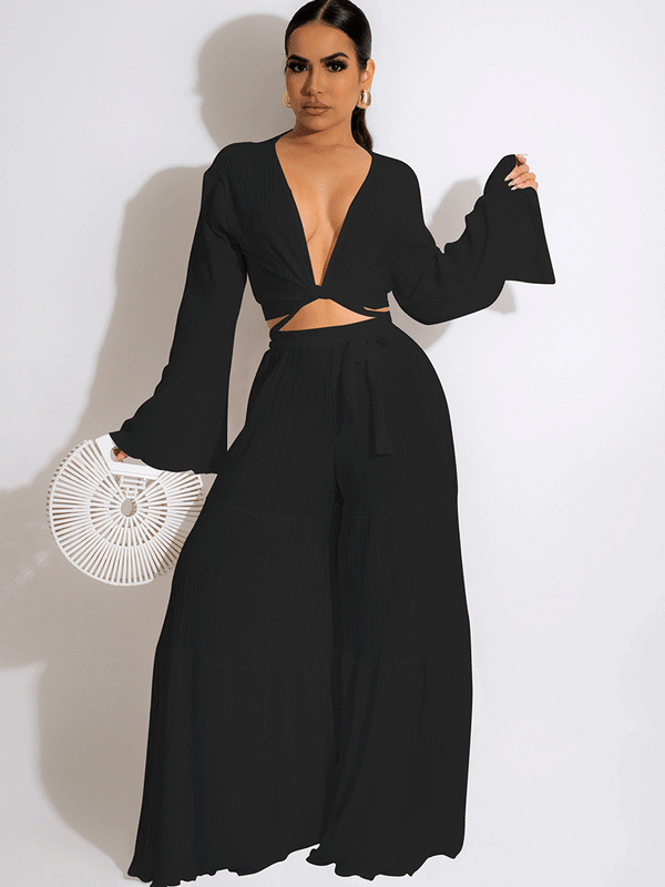 Ruched Open Front Tops Wide Leg Pants Set Tiynon
