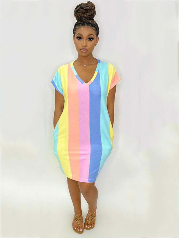 Short Sleeve Multicolor Rainbow Stripe Bodycon Dresses Tiynon