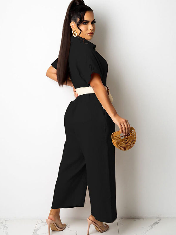 Short Sleeves Button Down Jumpsuits with Pockets Tiynon