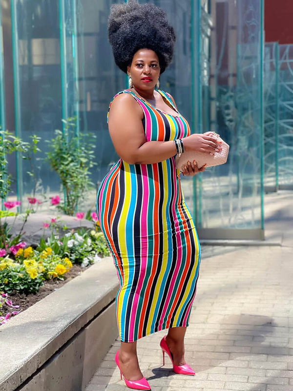 Sleeveless Striped Color Block Maxi Dresses with Belt Tiynon