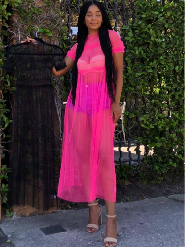 Solid Color Sheer Mesh Ruched Maxi Dresses Cover Up Tiynon