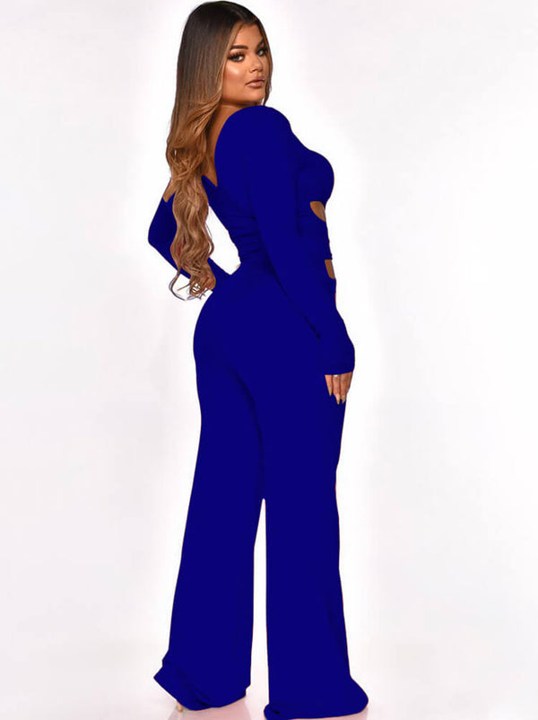 Square Neck Long Sleeve Cut Out Wide Leg Jumpsuit Tiynon