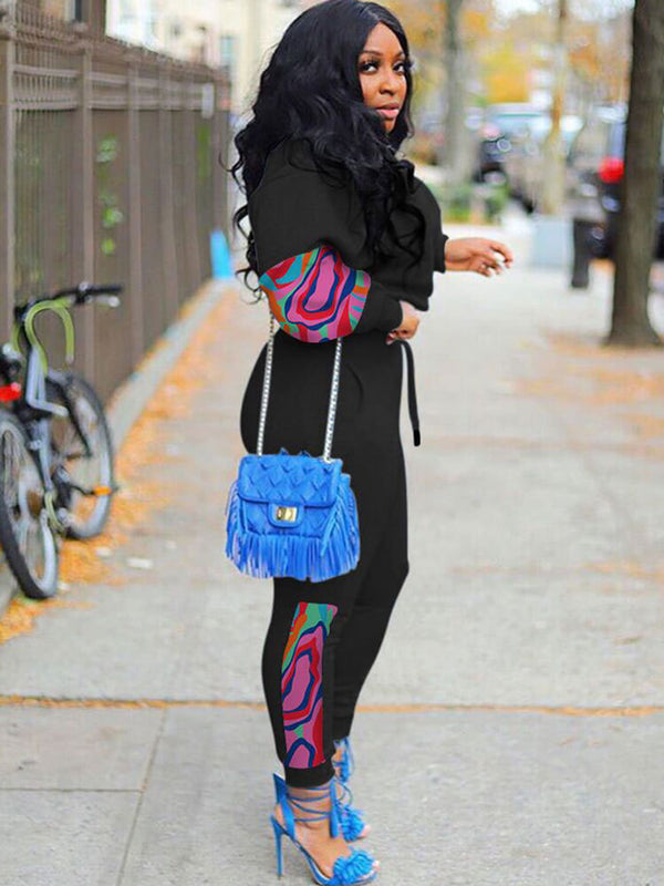 Two Piece Long Sleeve Print Patchwork Pullover & Pants Tiynon