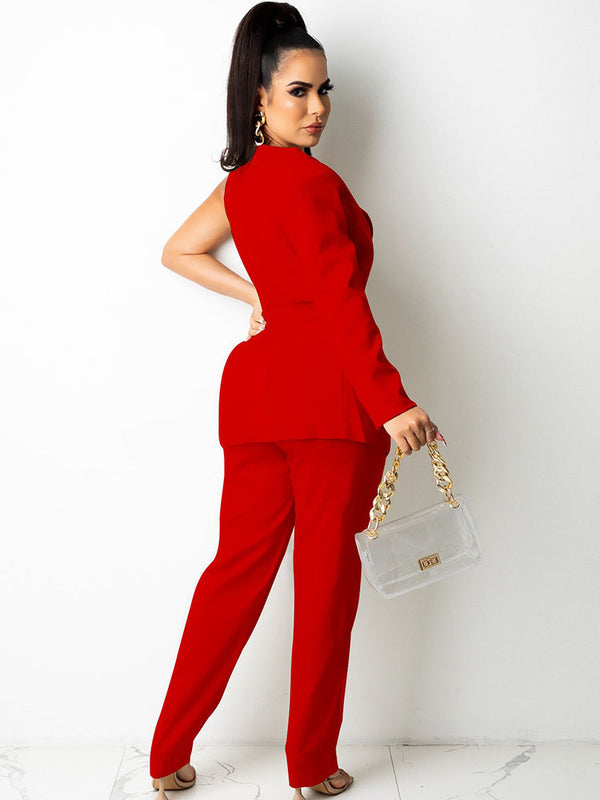 Two Piece One Shoulder Long Sleeve Blazer Belted Pants Suit Tiynon