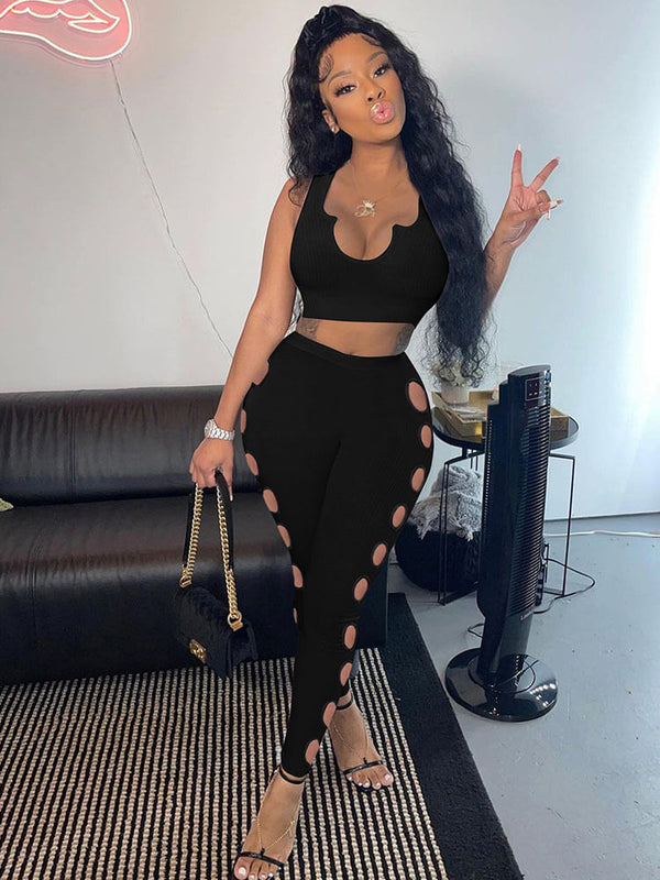 Two Piece Ribbed Crop Top Tracksuits Tiynon
