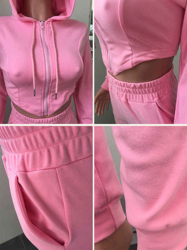 Two Piece Solid Color Zipper Hoodie+ Sweatpants Tiynon