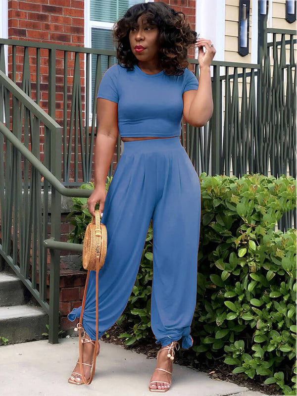 Two Pieces Solid Color Crop Top + Wide Leg Pants Tiynon