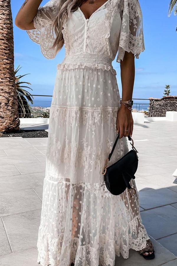 White Mesh Lace Sequin Maxi Dress Tiynon
