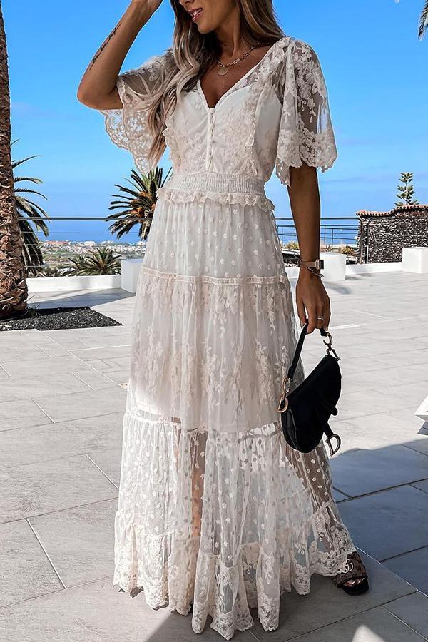 White Mesh Lace Sequin Maxi Dress Tiynon
