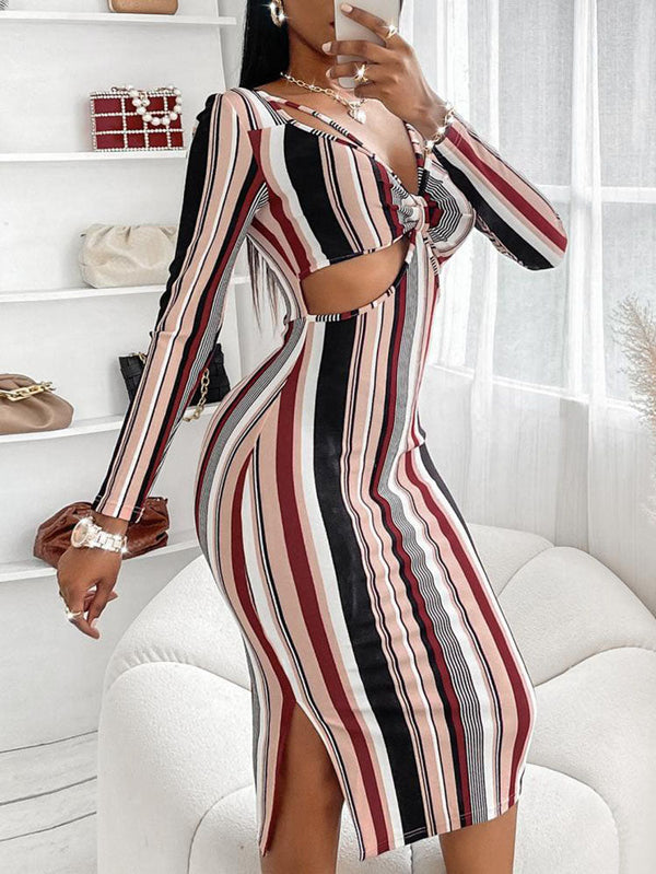 Striped Print Long Sleeve Midi Dress