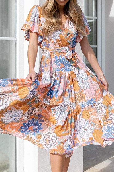 Fashion Elegant Floral Flounce Strap Design V Neck Waist Skirt Dresses