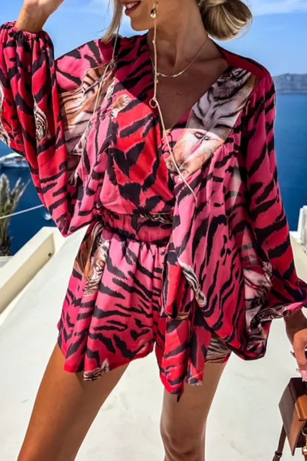 Chic Printed Long Sleeve Knot Top+Slim Shorts Two-piece