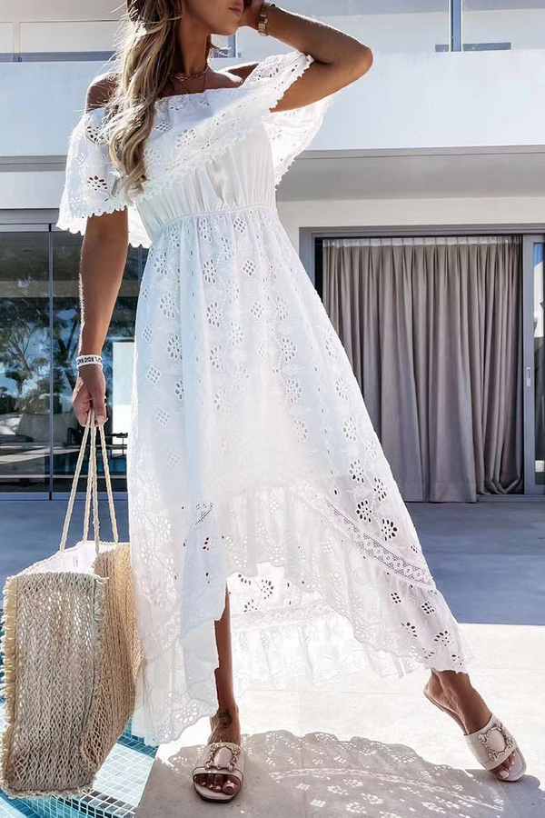 Casual Solid Lace Off the Shoulder Cake Skirt Dresses