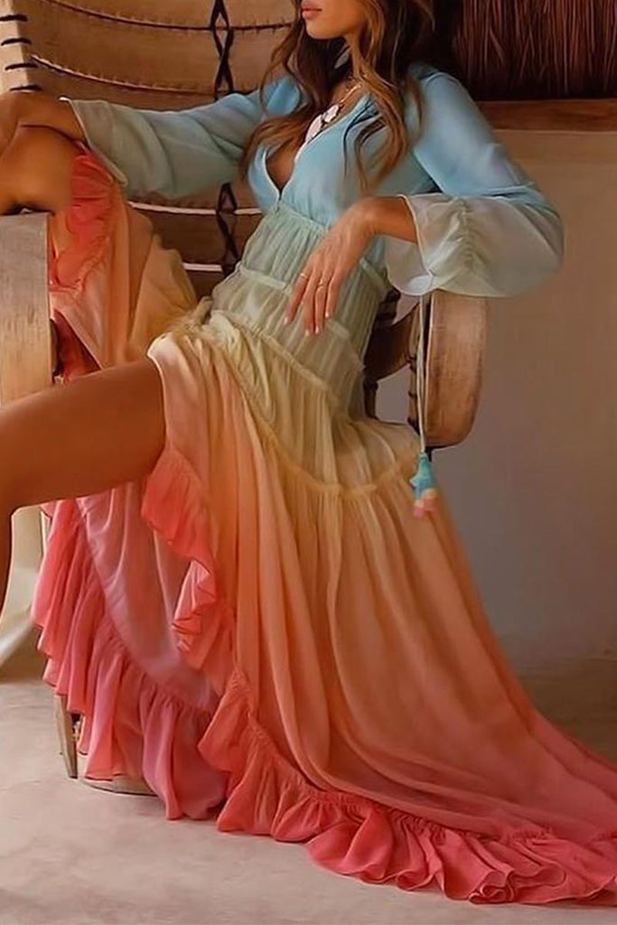 Elegant Gradual Change Patchwork Frenulum V Neck Printed Dresses