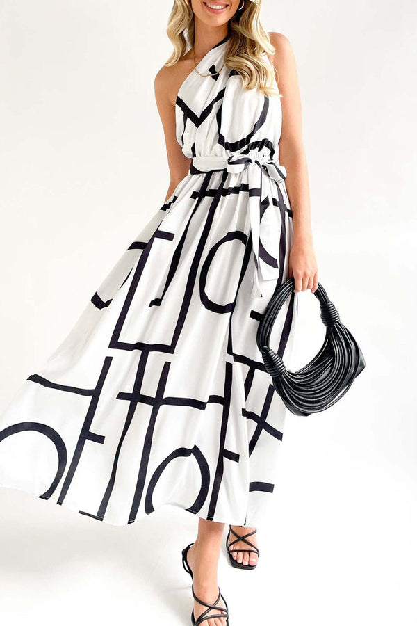 Street College Geometric Printing Oblique Collar Sleeveless Dresses